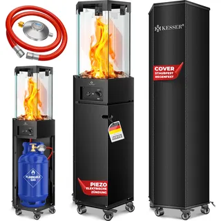 Kesser KESSER® Gasheizstrahler 4/8 kW Gas Piezozündung Heizung + Gasdruckregler + Cover, 360° Rollen Kippschutz, Terrassenheizstrahler Gasheizung Gasheizer Outdoor Kamin Mobiler Heizpilz, Heizer, Schwarz