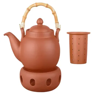 Aricola Ton Teekanne Tenno 1,1 Liter mit Tonsieb, Bambushenkel und Stövchen. Handgefertigt, Original