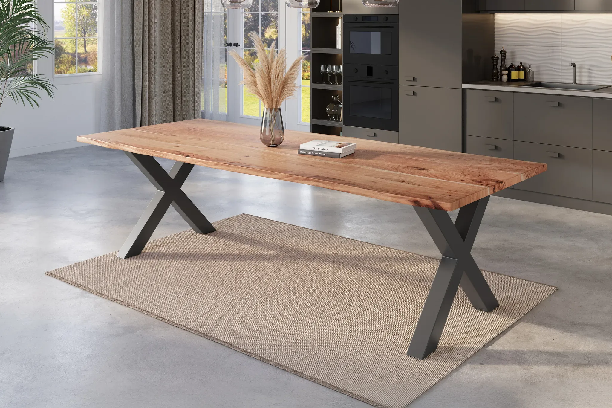 Esstisch Baumkante 240 x 100 cm Akazie natur massiv X-Gestell schwarz NICK