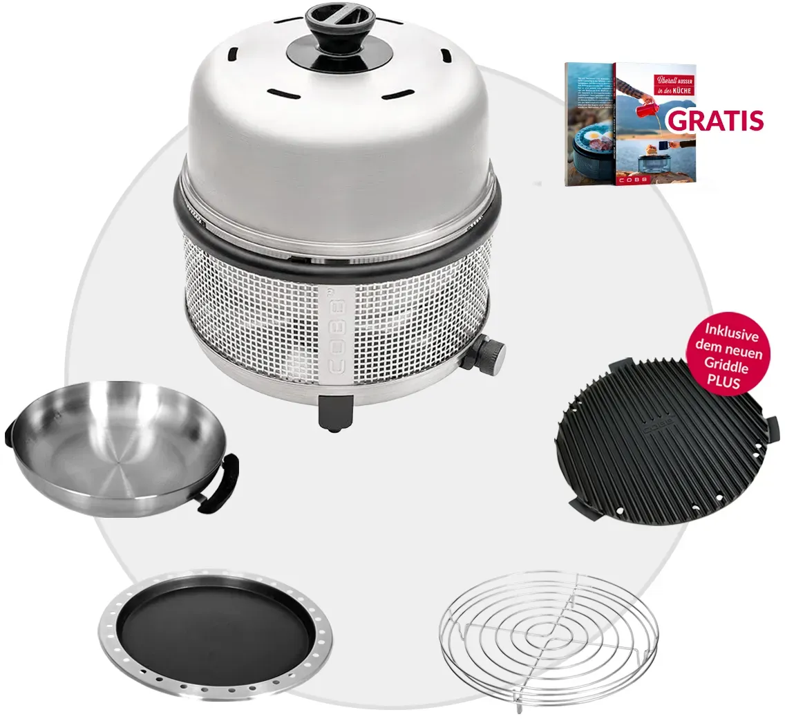 COBB 30 mbar Premier+ Gas DELUXE Camping Gasgrill 5-teiliges Set für Außensteckd...
