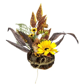 Flair Flower Gesteck aus künstlichen Sonnenblumen und Blättern mit Eichhörnchen im Zapfen-Topf Blumen Herbstgesteck Künstlich Thanksgiving Herbst Herbstdeko Dekofigur, 090233GN, 28x30x15 cm, Gelb