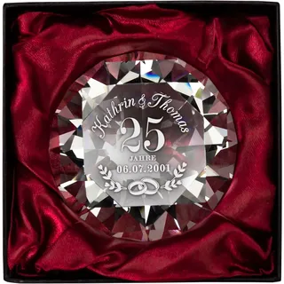 Casa Vivente Diamantförmiger Kristall aus Glas mit Gravur zum Jubiläum, Personalisiert mit 2 Namen und Datum, Geschenk zum Hochzeitstag, Geschenke für Paare (Diamant - Silberhochzeit)