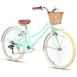 Glerc Missy 26" Zoll Mädchen Cruiser Jugend Teen Frau Fahrrad 6-Gang Teen Hybrid Fahrrad für Jugendliche im Alter von 14 15 16 17 18 19 20 Jahre alt mit Weidenkorb & Leichtgewicht, Mintgrün