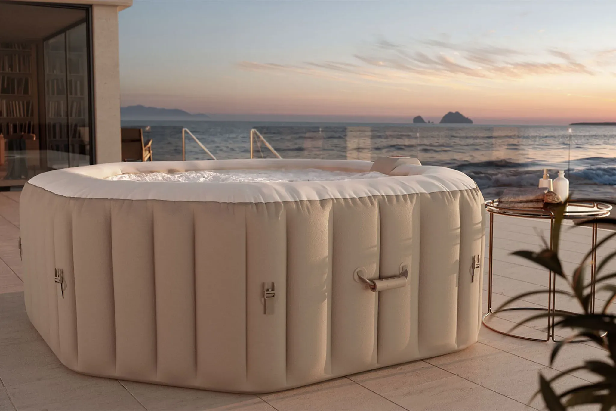 OUTFLEXX Tulum Whirlpool, beige/weiß, PVC laminiert, ⌀ 195 x 65 cm, aufblasbar, mit Massagedüsen, integriertes Ablassventil, UV-beständig