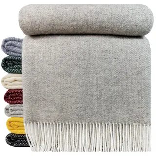 STTS International Wolldecke 100% Schurwolle Wohndecke in versch. Farben 140 x 200 cm Tagesdecke Schurwolldecke Woll-Plaid Tirol A hellgrau, 140 x 200 cm