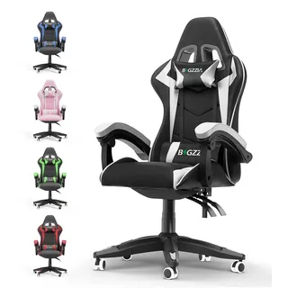 bigzzia Gaming Stuhl Ergonomisch Gaming Chair mit Lendenkissen und Kopfstütze, Gamer Stuhl Höhenverstellbar, Pc Stuhl für Erwachsene Mädchen Junge, Schwarz-weiß