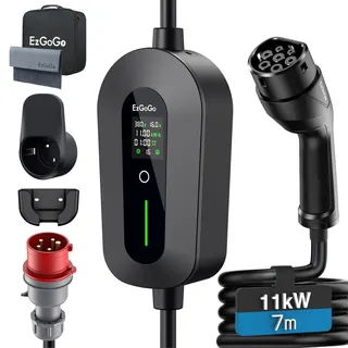 EzGoGo Mobile Wallbox 11kW Ladegerät Typ 2 (3-phasig) mit 7m Ladekabel CEE 16A auf Typ 2 | EV Ladestation mit Einstellbarer Stromstärke [6/8/10/13/16A] | Hochwertiger IP65 Schutz | Für EVs & PHEVs