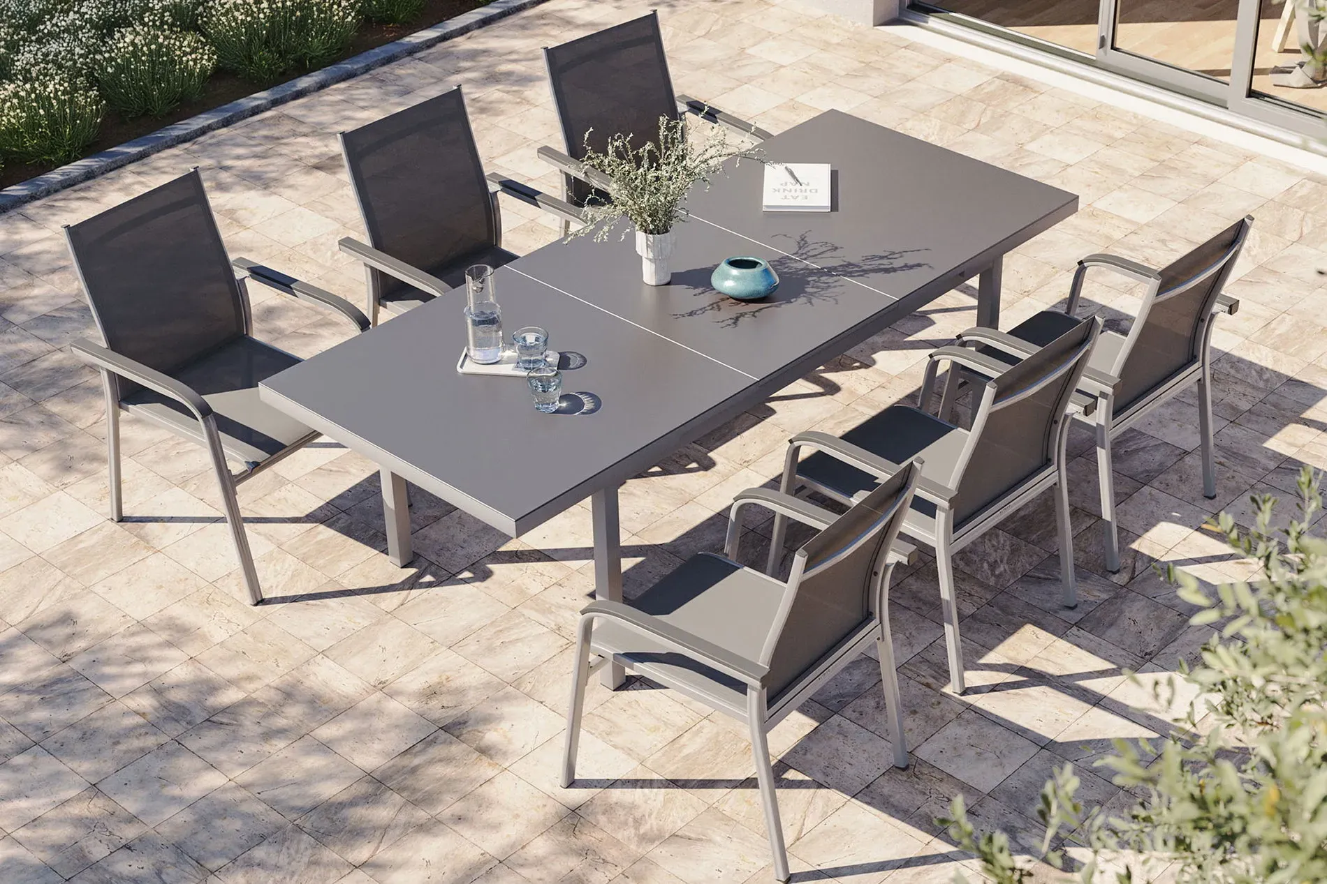 KETTLER BasicPlus Garten-Essgruppe, silber, Alu/Textilene, Tisch 180/240x100cm, 6 Stapelsessel