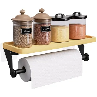 SWTYMIKI Küchenrollenhalter Ohne Bohren - Papierrollenhalter mit Holz Gewürzregal, Küchenregal Wand, Halter Küchenrolle für Badzimmer und Küche Aufbewahrung & Organisation, Edelstahl, Schwarz