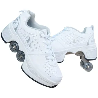 JTKDL Rollschuh Roller Skates Lauflernschuhe, Sneakers, 2in1 Mehrzweckschuhe Schuhe Mit Rollen Skateboardschuhe,Inline-Skate,Verstellbare Quad-Rollschuh Stiefel,Silver-35