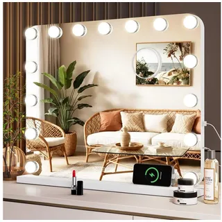 GBLY Schminkspiegel mit Beleuchtung - 50x40cm 15 Dimmbare led spiegel, mit licht, 3 Beleuchtungsmodi Touch Steuerung und Abnehmbare Lupe Tischspiegel für Schminktisch, Wandspiegel