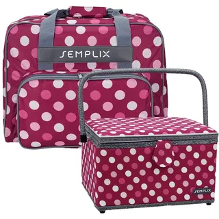 SEMPLIX Bundle Polka Dots Nähmaschinentasche + Nähkorb L (Beere/rosa)