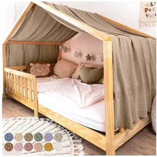 lilimaus Betthimmel Musselin Hausbett Himmel Kinderzimmer Baumwolle mit Gold 2er Set, Gemütlicher Baldachin aus Baumwolle für traumhafte Kinderzimmer-Deko beige 135 cm x 420 cm