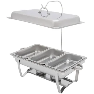 9L Edelstahl Speisewärmer mit 3 Fächern Rechteckig Chafing Dish Essen Wärmebehälter (silber) für Buffet Party Haushalt