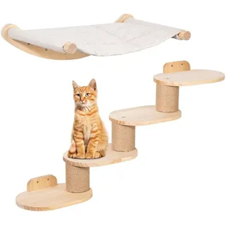Kletterwand Katzen Wandmontage inkl. Katzentreppe & Katzenhängematte, Vierstufige Katzenkletterwand mit Jute-Kratzen für Katzen & Rutschfester Matte,