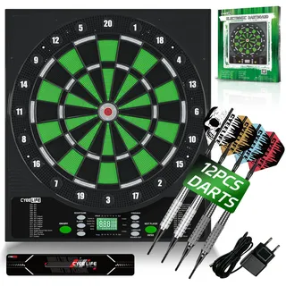 CyeeLife Elektronische Dartscheibe Profi Set – Dartboard mit 12 Dartpfeile 1 Dart Oche Line + 24 Pro Flights 50 Pfeilspitzen + Zubehör Dart für 1 bis 8 Spieler