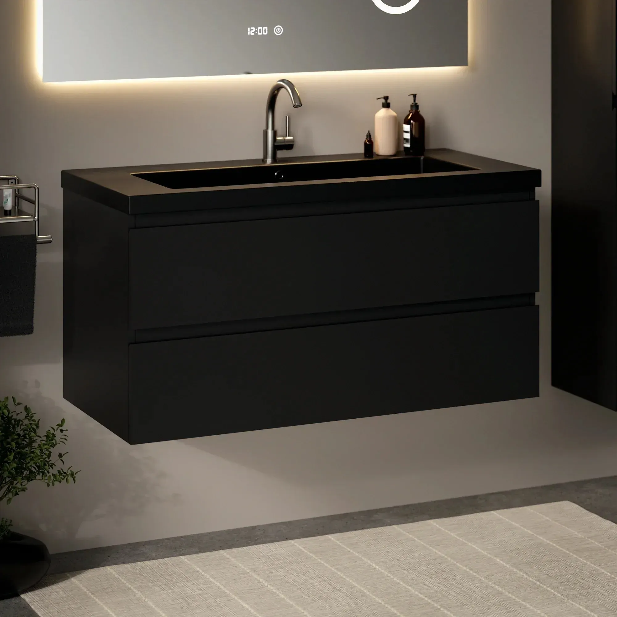 Badezimmermöbel Sena – 100 cm – Mattschwarz – Schwarzes Waschbecken