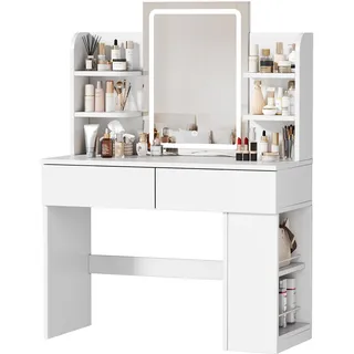 JUMMICO Schminktisch mit Spiegel und Beleuchtung, 3-farbige LED-Beleuchtung, 2 Schubladen, seitlicher Aufbewahrungsschrank, weiß, 135x90x40 cm