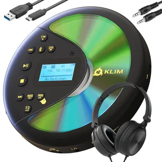 KLIM Discover Mit Kopfhörern - Tragbarer CD-Player mit langlebigem Akku - Kompatibler MP3-CD-Player - SD-Karte, FM-Transmitter, Bluetooth - Ideal für Autos - Portable CD Player - Schwarz/Gold