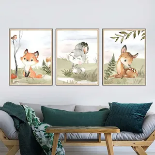 3er Set Poster Kinderzimmer Bilder Deko Junge Mädchen Poster Kinderbilder, Dschungel Tiere Wandbilder Babyzimmer Kinderposter (B,21x30cm)