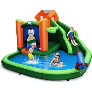Hüpfburg mit Rutsche, Kletterwand, Planschbecken, Wasserkanone & Basketballring, Wasserpark zur Nass- & Trockenanwendung, inklusive Reparaturset,