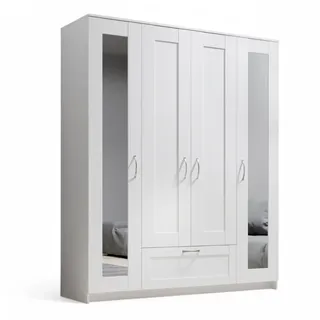 SchlafKONTOR Kleiderschrank mit Spiegel und Schubkasten« als 3- oder 4-türer erhältlich weiß - Vielseitiger Drehtürenschrank 4-türig für Ihr Schlafzimmer - 156 x 191 x 50 cm (B/H/T) 156x191x50 weiß