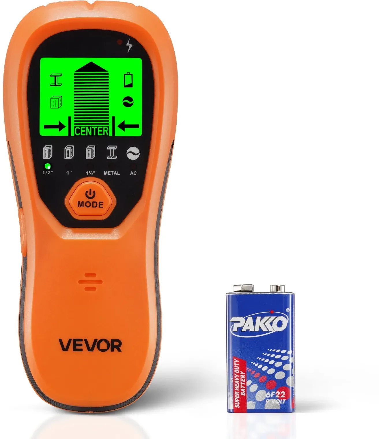 VEVOR Balkenfinder, Wandscanner, 5-in-1, elektronischer Multidetektor mit intelligentem Sensor, hochauflösendem LCD-Display & Audioalarm, für Metall, Wechselstromkabeln, Balken, Rohren, Orange