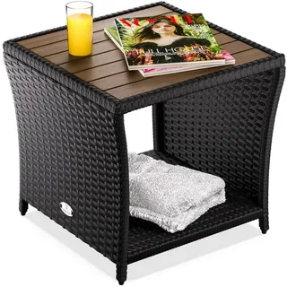CASARIA Beistelltisch, Polyrattan Akazienholz 45x45x40cm Wetterfest 80kg Belastbarkeit Garten schwarz