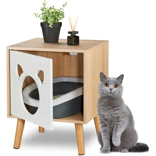 Relaxdays Katzenschrank mit Tür, HxBxT: 50x40x40 cm, Katzenklo verstecken, Schlafplatz, Katzenkommode Indoor, Natur/weiß