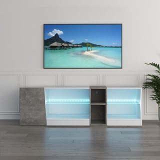 Mondeer LED TV Schrank, Spanplatte der Klasse E1, Gehärtetes Glas, Weiß und Grau, B140 x H45 x T37,5 cm