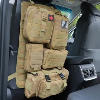 Jimikay Taktische Sitzrücken-Organizer für Fahrzeuge, Molle-Paneel, Aufbewahrungstasche mit 5 abnehmbaren Molle-Taschen für alle Fahrzeuge wie Jeep,SUV,Auto,Ford,Chevy,Toyota usw (Modell C-Khaki)