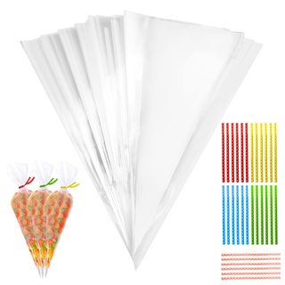 100 Stück Süßigkeiten Tüten, 25x13cm Candy Bar Tüten Spitztüten Transparent Cellophantüten mit 100 Twist Ties Geschenktüten für Schokolade Bonbons Kekse Hochzeit Weihnachten