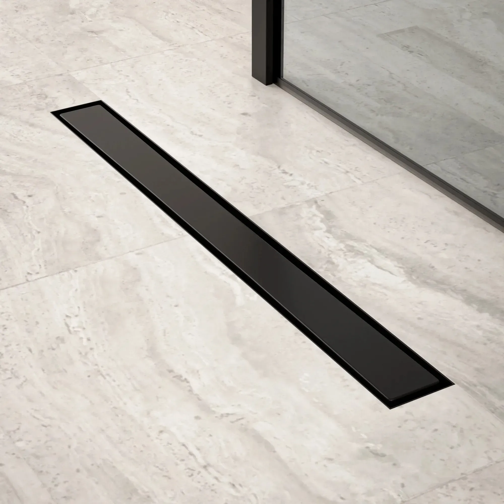 Duschrinne – 70 cm – Mattschwarz – Fliesenrost – Edelstahl – mit Flansch