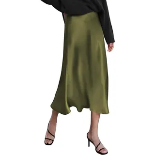 SUYUKU Damen Satinrock Hohe Taille Midi Röcke Retro Fischschwanz Arbeit Bleistiftrock Bequem Partyrock Elegant Business Rock mit Reißverschluss, army, L - L