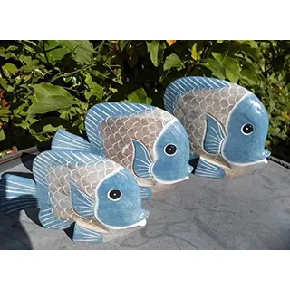 Handgearbeitete Fische Statuen Deko-Objekt 3 Stück blau+beige maritim