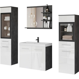 WELLTIME Badmöbel-Set »MADRIT«, (Komplett-Set, 5 St., mit Waschbecken), Waschtisch inkl. Waschbecken, Badschrank, Hochschrank, Spiegel, schwarz-weiß