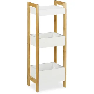 Relaxdays Badregal mit 3 Körben, Standregal Bambus & MDF, HxBxT: 74,5 x 20 cm, freistehend, Küchenregal, natur/weiß Holzwerkstoff, 1 Stück