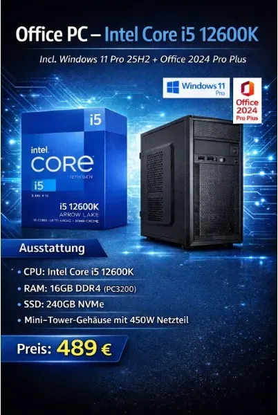 Office PC - Intel Core i5-12600K - 16GB DDR4 - Intel UHD Grafik - 240GB M.2 - W1...