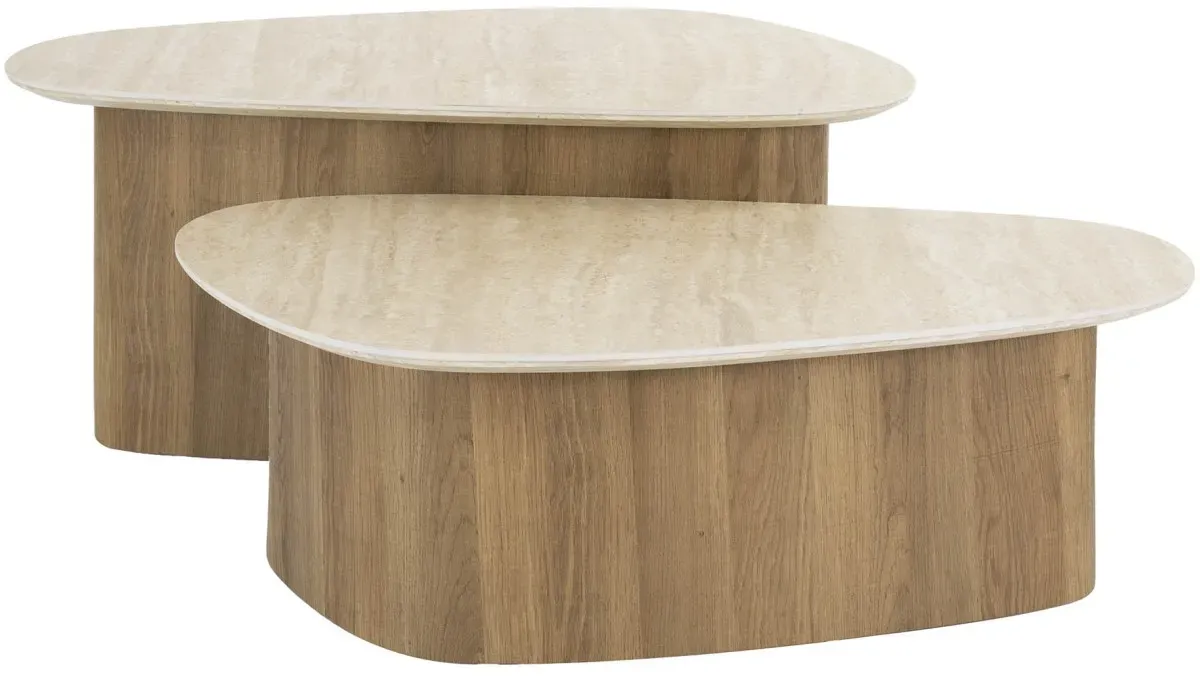 Couchtisch 2er-Set Joradis Keramik Travertin-Optik, modern dreieckig, beige, Säulengestell