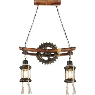 GLOBO Steampunk Lampe Hängelampe Vintage Industrial Pendelleuchte Holz Metall, Laternen Zahnrad, Glas, messing, 2x E27, LxBxH 62x20x110 cm