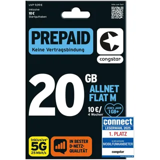 congstar Prepaid ALLNET M SIM-Karte ohne Vertrag I Prepaid-Paket in D-Netz-Qualität I 20 GB +10€ Startguthaben I Telefonie & SMS Flat in alle dt. Netze I EU-Roaming inkl.