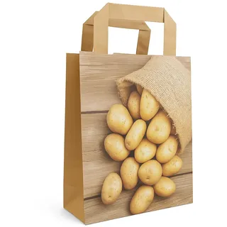 Papiertragetaschen KARTOFFELN - braun mit Flachhenkel - 18 + 8 x 22 cm (100 Stück)