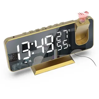REDOM Projektionswecker Digitalwecker Projektionsuhr Spiegelwecker Wecker mit LED Display mit Akku Klare Projektion Zwei Alarme LED-Display mit Sensor goldfarben