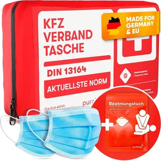 purahelp PURAHELP® Erste-Hilfe-Tasche Verbandstasche, Auto nach DIN 13164 gefüllt, rot, für KFZ