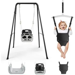 4-in-1 Schaukeln & Baby Türhopser Set für Kleinkinder, Schaukelset für Kinder Faltbarer Metallständer für drinnen und draußen, einfach zu montieren und aufzubewahren (Schwarz)