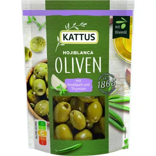 Kattus - Hojiblanca Oliven mit Thymian und Knoblauch | Grüne Oliven ohne Stein | Im wiederverschließbaren Beutel | 120 g im Beutel