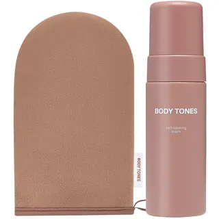 BODY TONES - Selbstbräunungsmousse mit Selbstbräunem Handschuh 155 ml, jeder Hautton – Streifenfreie Bräune in 24 Stunde ohne Flecken, Vegan - Bräunungscreme für Körper, Natürlicher Selbstbräuner