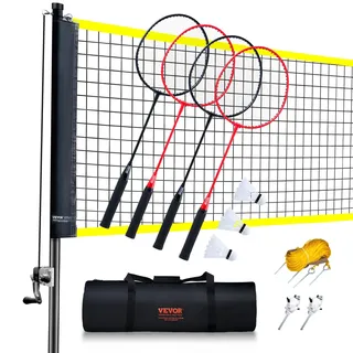 Vevor Badmintonnetz-Set, Badmintonnetz für den Außenbereich im Hinterhof, Strandpark, Badmintonnetz für Erwachsene & Kinder mit Stangen, Tragetasche, 4 Eisenschlägern und 3 Nylon-Federbällen,