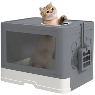 PawHut Katzentoilette mit Deckel Katzenklo mit Schaufel, Toilette für Katzen bis 4 kg, für Indoor, Kunststoff Grau 48,5L x x 36,5H cm