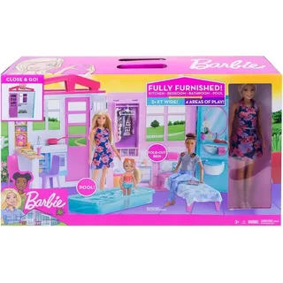 Mattel GWY84 - Barbie - Ferienhaus, Puppe mit Möbel und Zubehör - Rosa